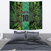 Green tapestry featuring “YOUR TEXT” and large “10” with bold border motifs