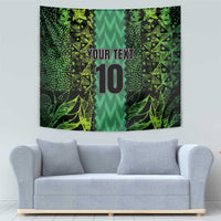 Green tapestry panel with “YOUR TEXT” and large “10” centered on patterned art