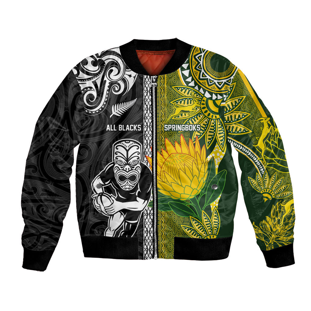 Custom Rugby New Zealand and South Africa Bomber Jacket Greatest Rivalry Silver Fern and Antelope