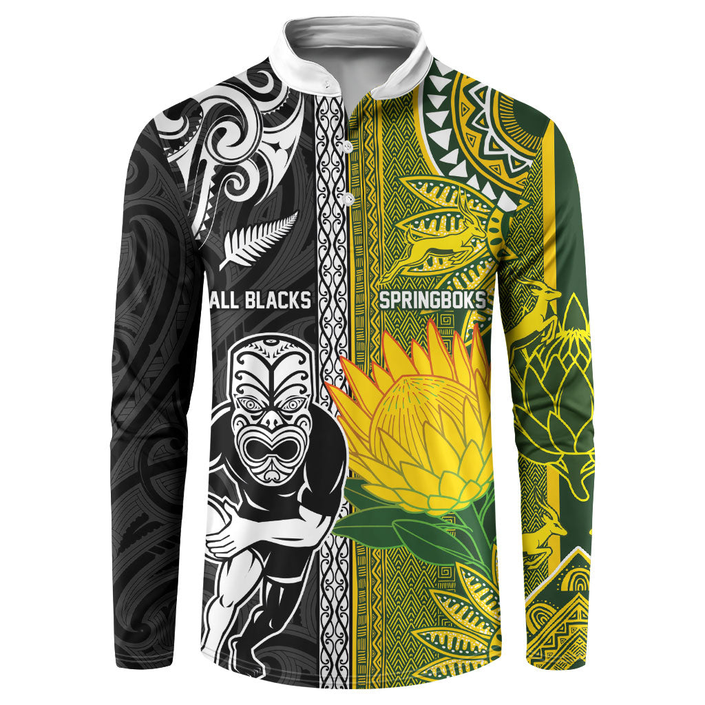 Custom Rugby New Zealand and South Africa Button Sweatshirt Greatest Rivalry Silver Fern and Antelope