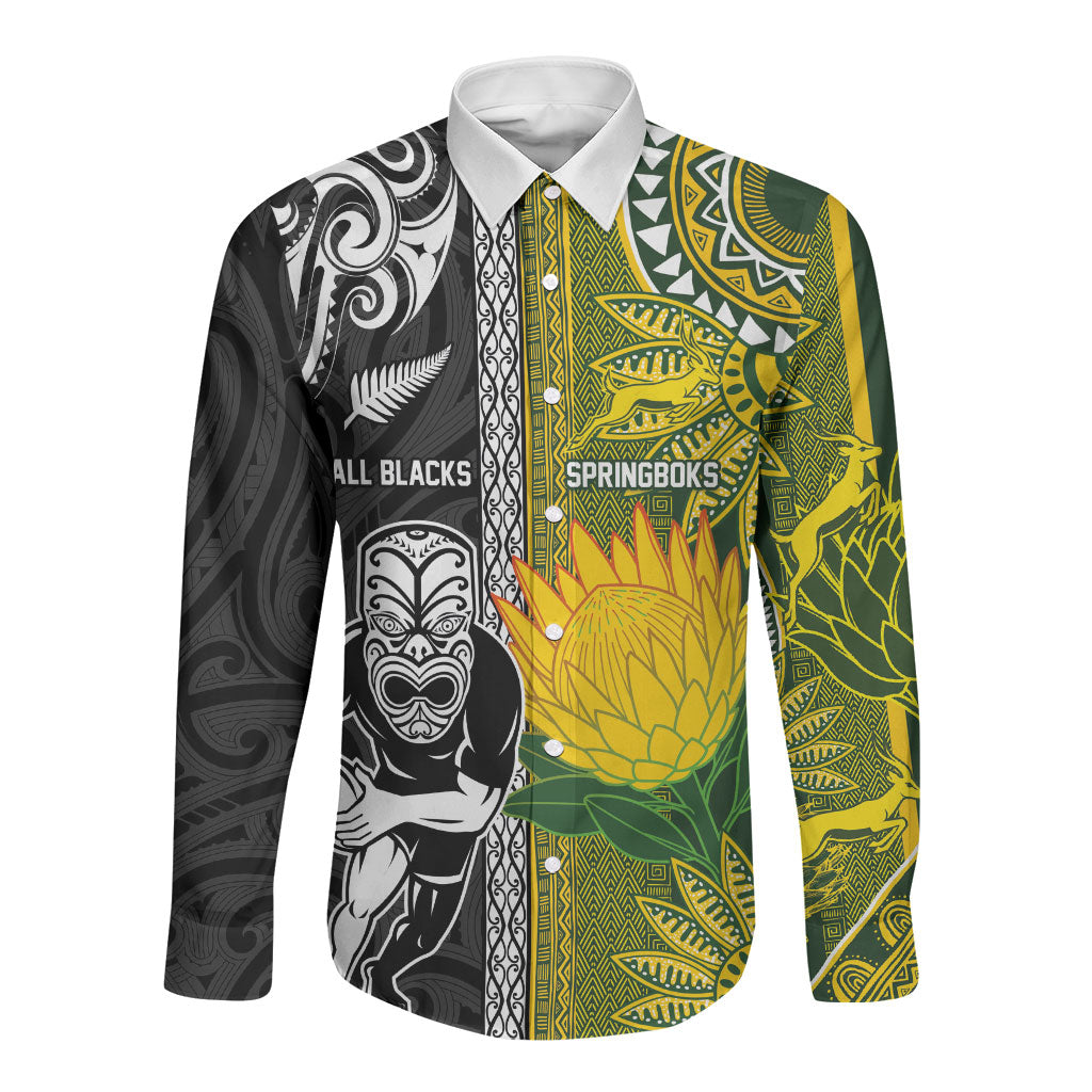 Custom Rugby New Zealand and South Africa Long Sleeve Button Shirt Greatest Rivalry Silver Fern and Antelope