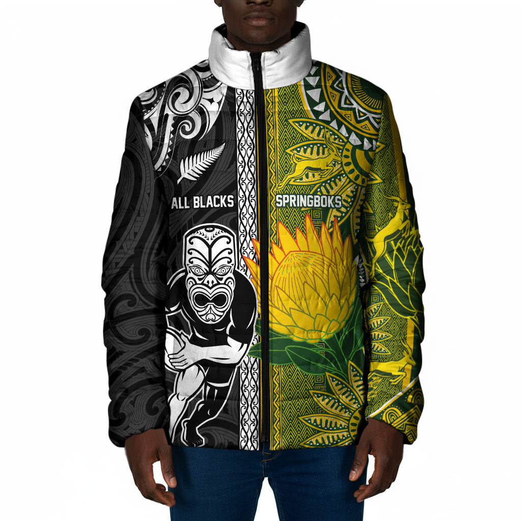 Custom Rugby New Zealand and South Africa Padded Jacket Greatest Rivalry Silver Fern and Antelope