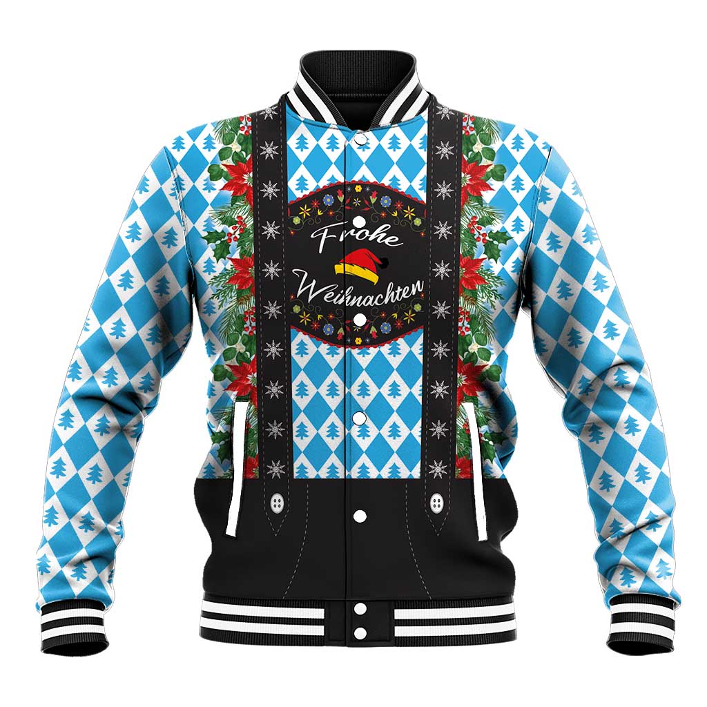 Baseball jacket with blue tree pattern, black front panel, striped collar, wreath graphic