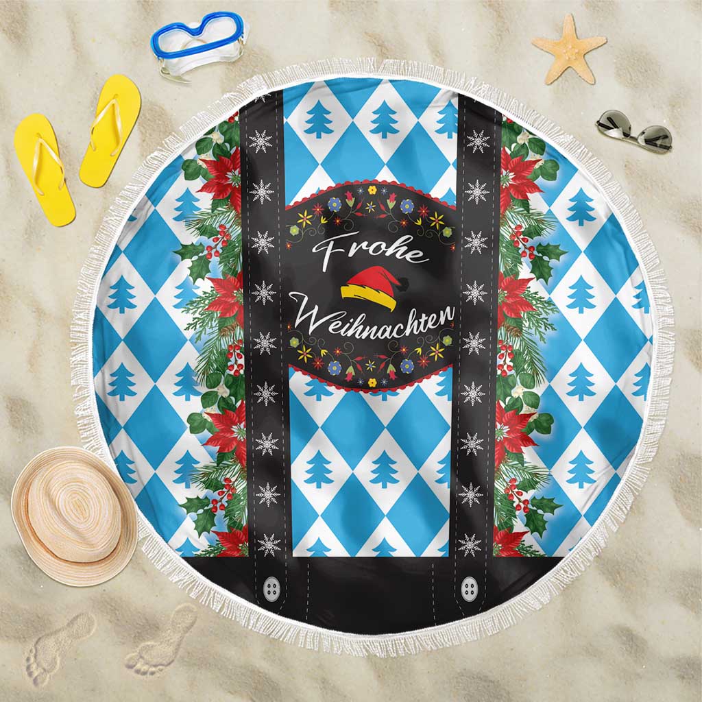 Round Christmas beach blanket with blue diamond trees and 'Frohe Weihnachten' print, fringe edge
