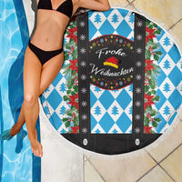 Round Christmas beach blanket with blue diamond pine trees, 'Frohe Weihnachten' center panel, fringed edge