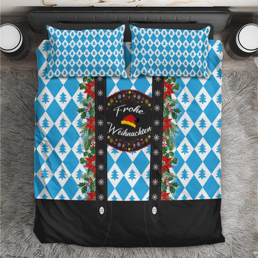 Christmas bedding set with blue diamond and tree pattern, black panel with wreath text