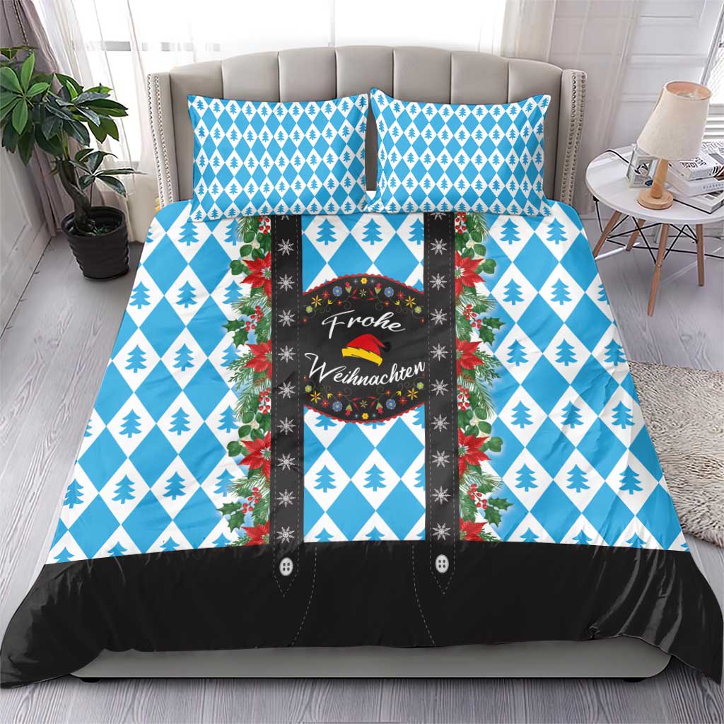 Blue and white Christmas duvet and pillow set with pine tree and diamond pattern, black accents