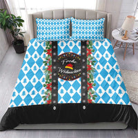 Blue and white Christmas duvet and pillow set with pine tree and diamond pattern, black accents