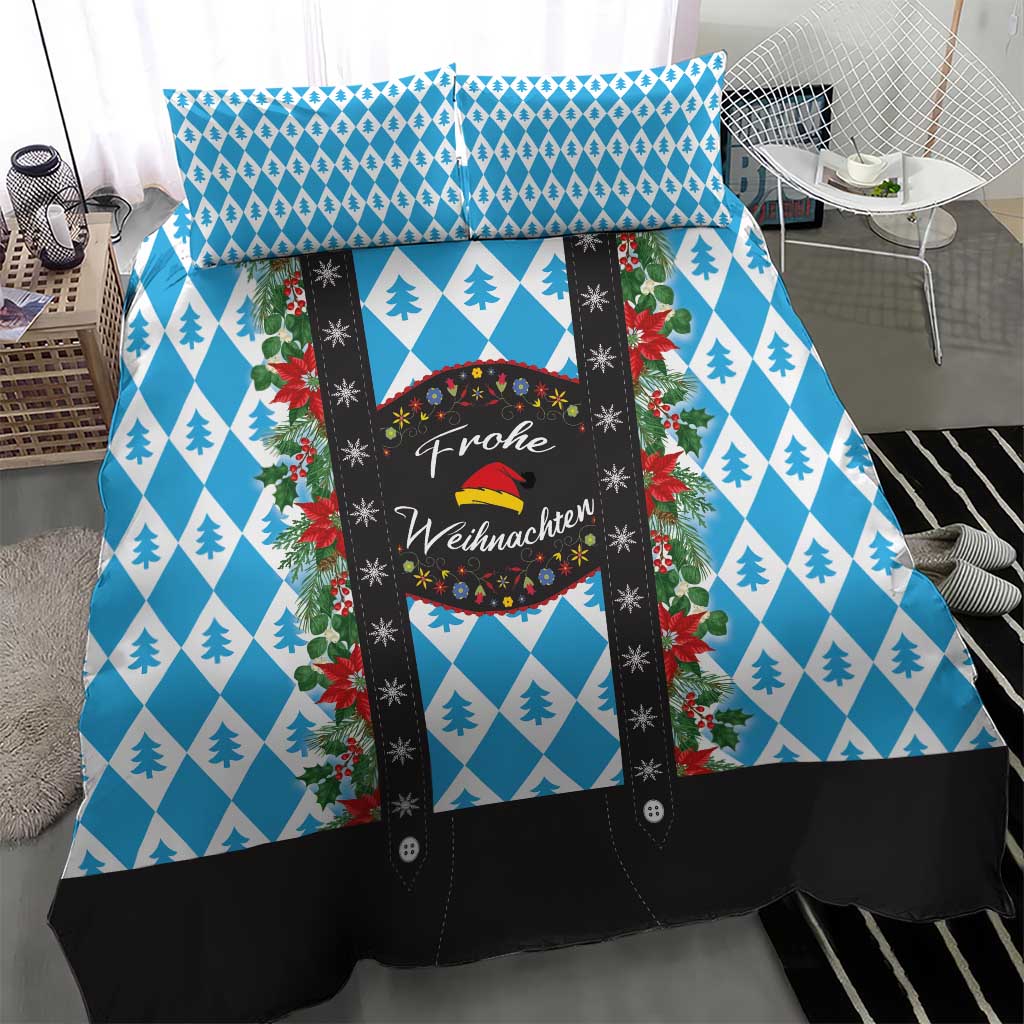 Christmas bedding set featuring blue diamond, pine tree print, and central black wreath panel