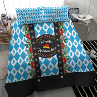 Christmas bedding set featuring blue diamond, pine tree print, and central black wreath panel