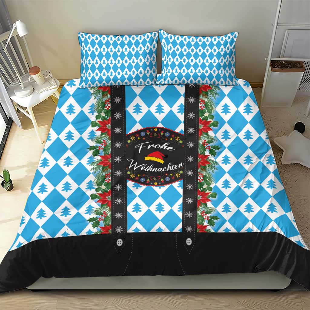 Blue Christmas duvet set with two pillows; diamond and tree pattern plus black lower panel