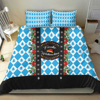 Blue Christmas duvet set with two pillows; diamond and tree pattern plus black lower panel