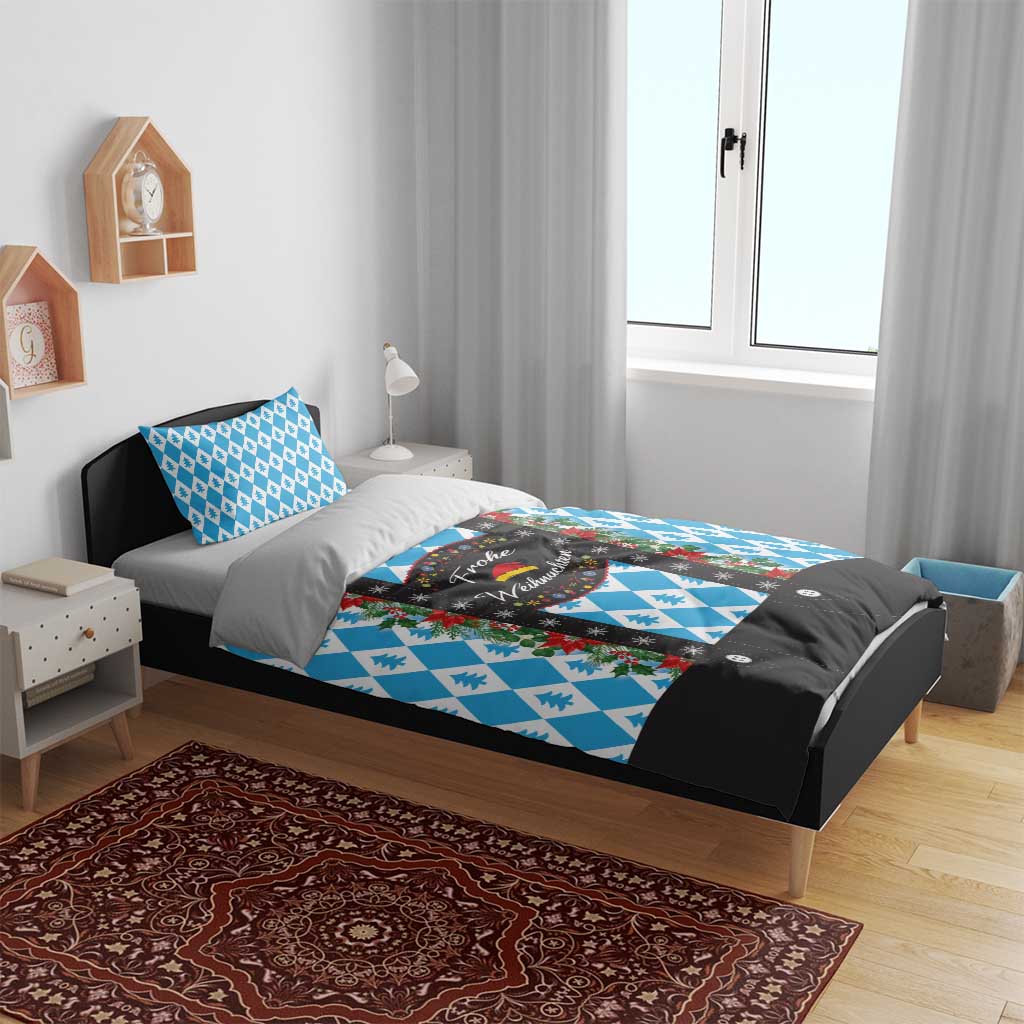 Christmas duvet and pillow set in blue with pine tree pattern and black accent sections