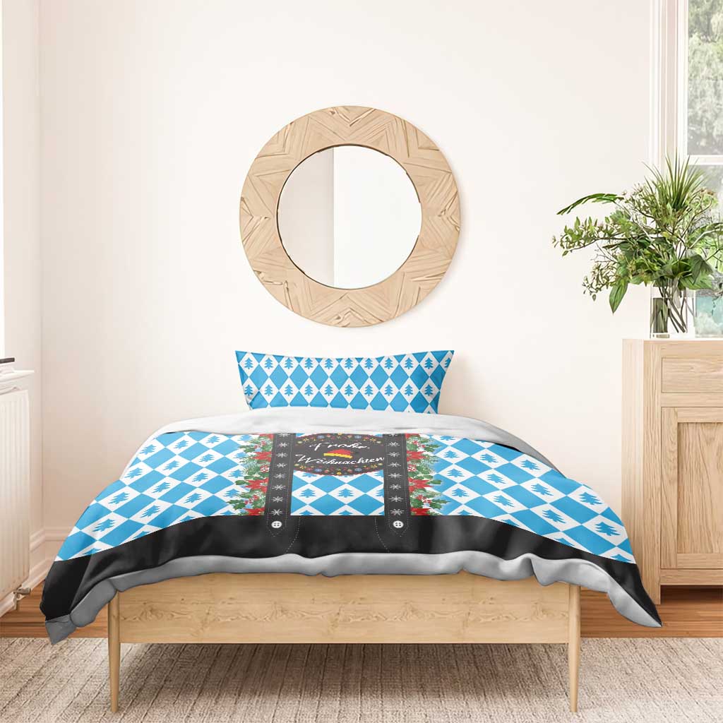 Christmas bedding set with blue diamond top, pine trees, and black wreath graphic panel
