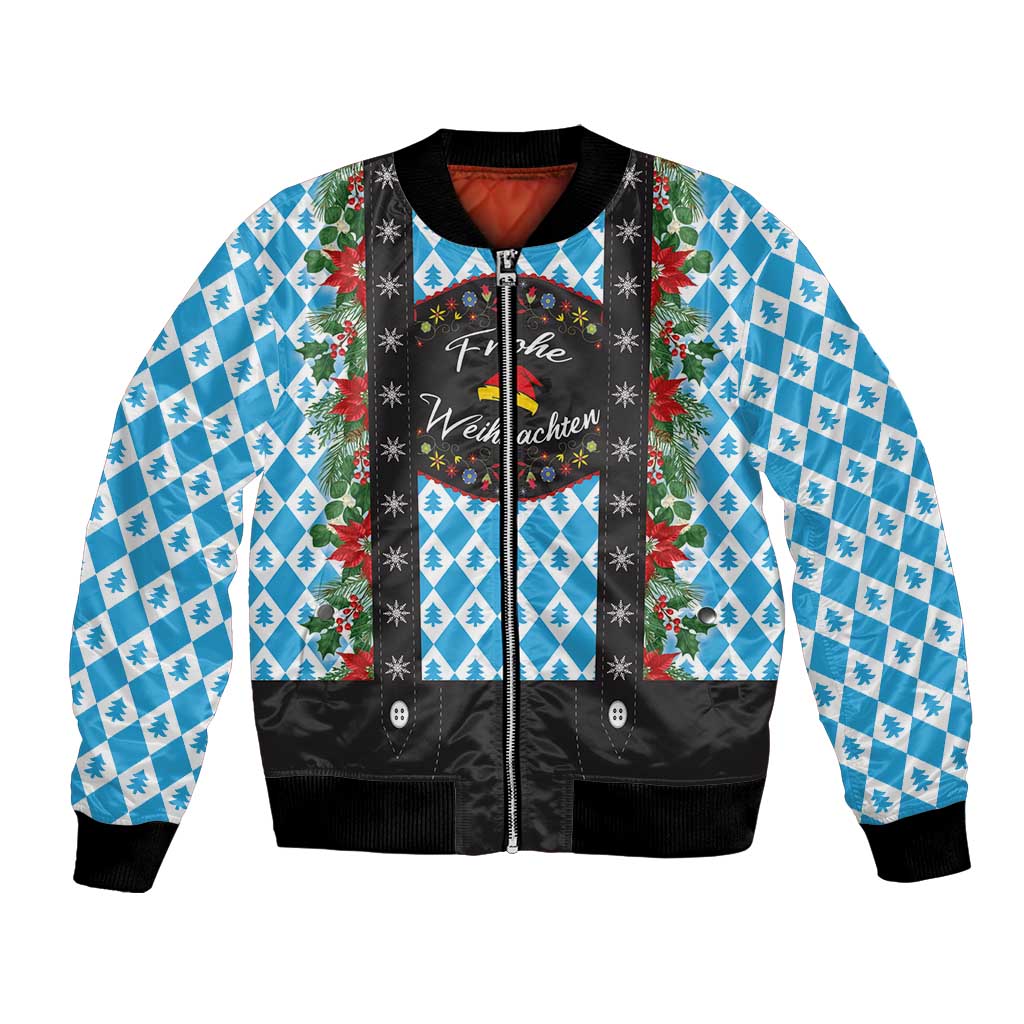 Unisex Christmas bomber jacket with blue tree pattern, black zip front, ribbed cuffs