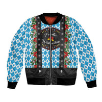 Unisex Christmas bomber jacket with blue tree pattern, black zip front, ribbed cuffs
