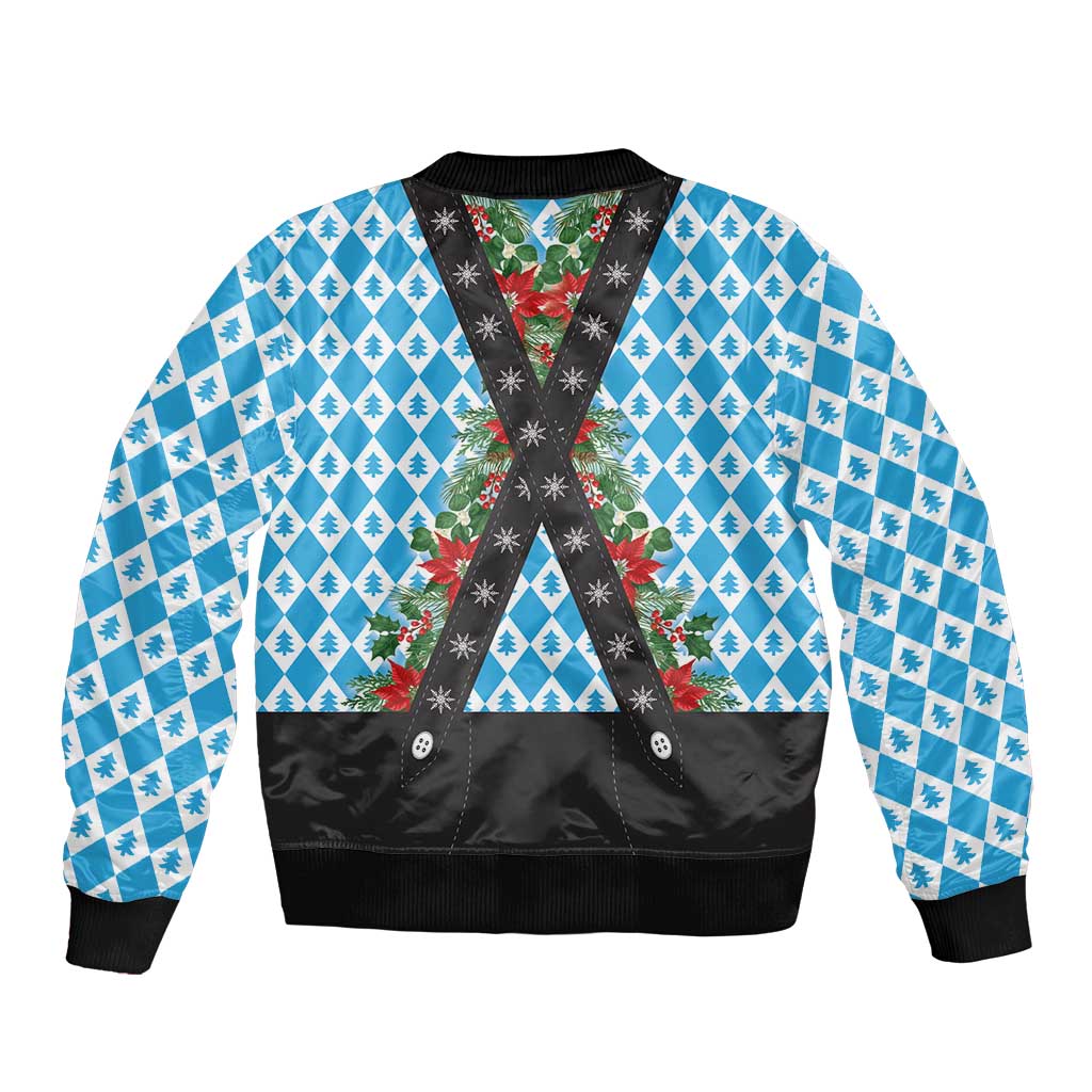 Unisex bomber jacket in blue with diamond tree print, black yoke, ribbed hem and cuffs