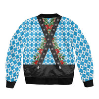 Unisex bomber jacket in blue with diamond tree print, black yoke, ribbed hem and cuffs