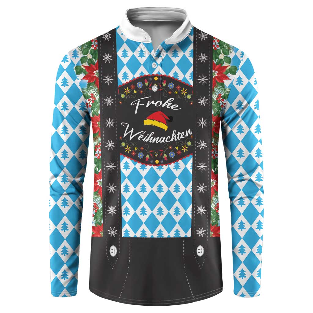 Blue and white Christmas sweatshirt with black lederhosen-style panel and festive print