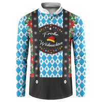 Blue and white Christmas sweatshirt with black lederhosen-style panel and festive print