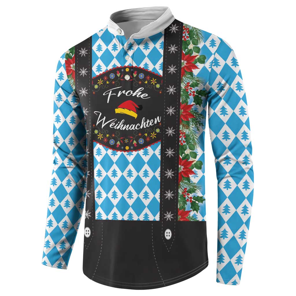 Crew-neck Christmas sweatshirt with black button-front vest panel and blue tree diamond pattern