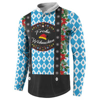 Crew-neck Christmas sweatshirt with black button-front vest panel and blue tree diamond pattern