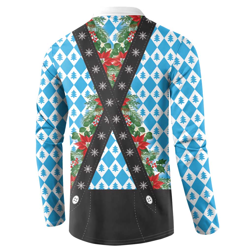 Back of Christmas sweatshirt with blue tree diamond pattern and black V-back lederhosen panel
