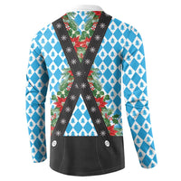 Back of Christmas sweatshirt with blue tree diamond pattern and black V-back lederhosen panel