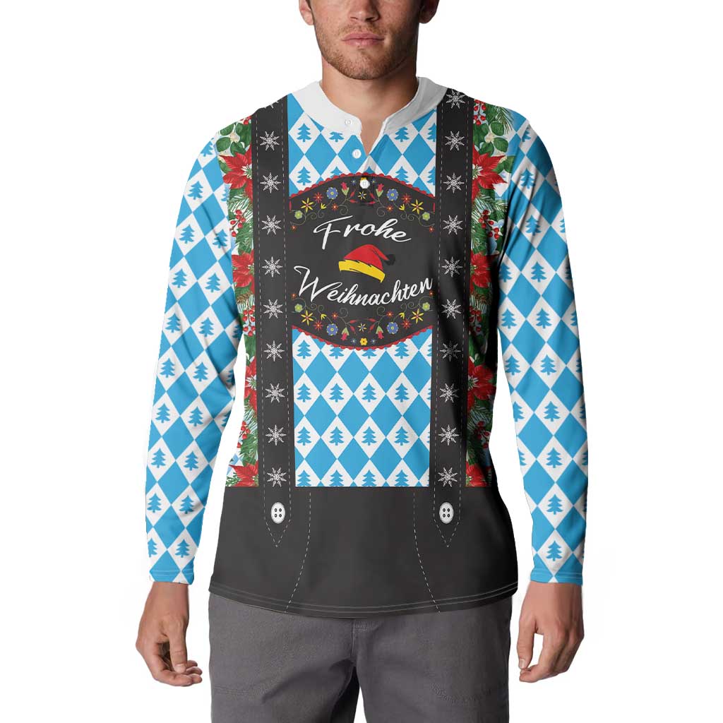 Christmas sweatshirt on model: blue diamond tree pattern with black lederhosen-style front