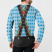 Back view Christmas sweatshirt with black lederhosen-style V-panel and blue tree diamond print