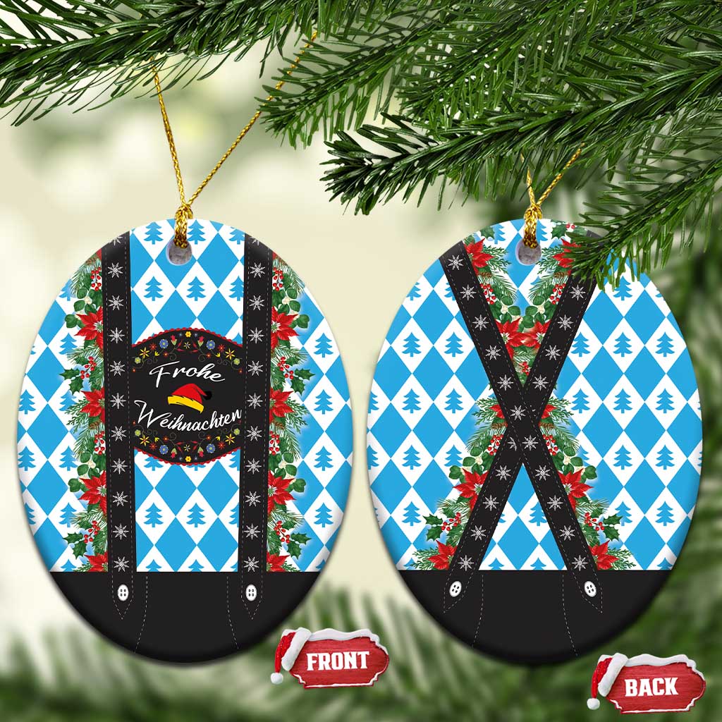 Round ceramic Christmas ornaments on tree, blue pine pattern with black lederhosen front/back