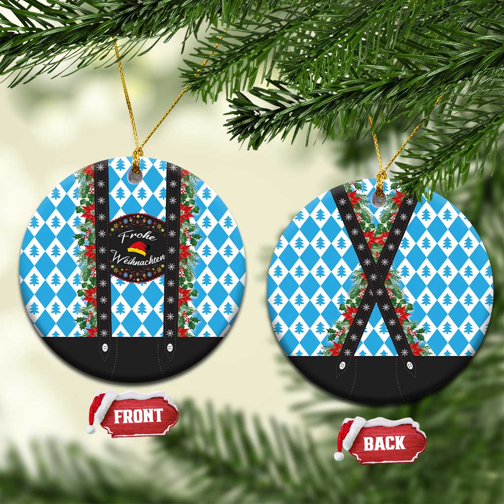 Round ceramic Christmas ornament set, blue pine pattern with black lederhosen-style design