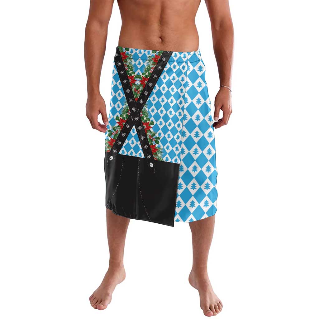 Christmas Bavarian lederhosen shorts, blue tree diamond patchwork, black X straps
