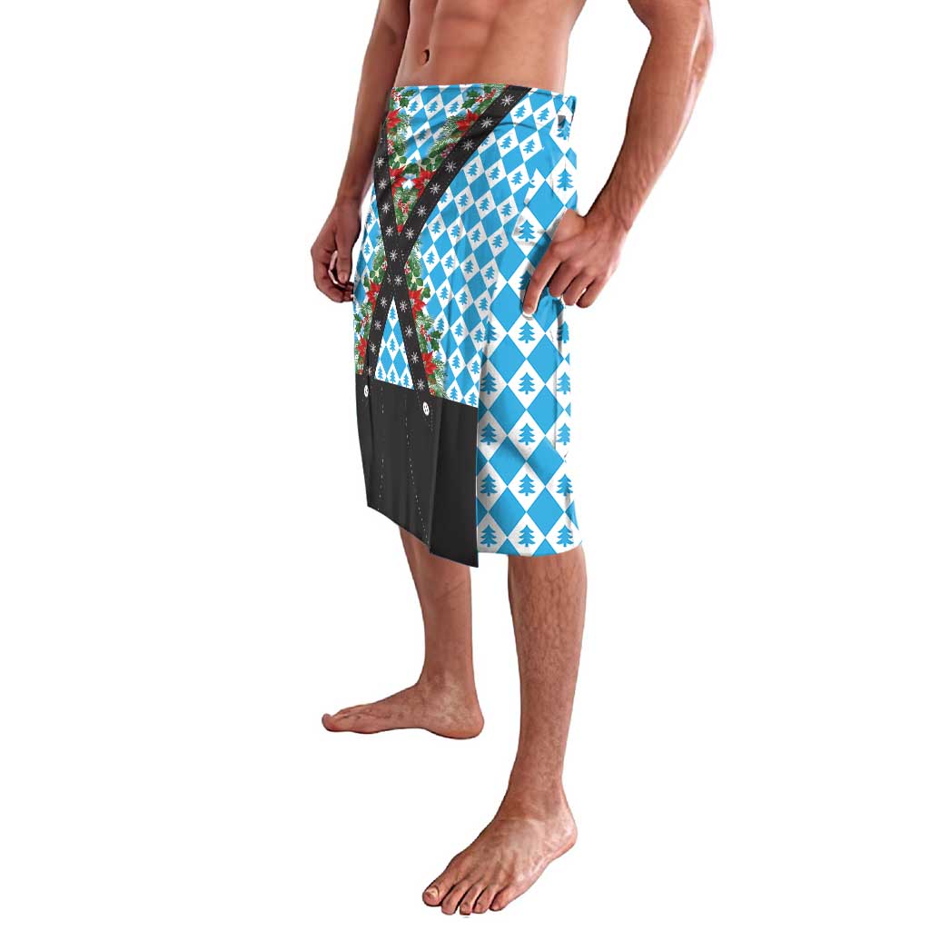 Christmas Bavarian lederhosen shorts, side view of blue tree and diamond patchwork