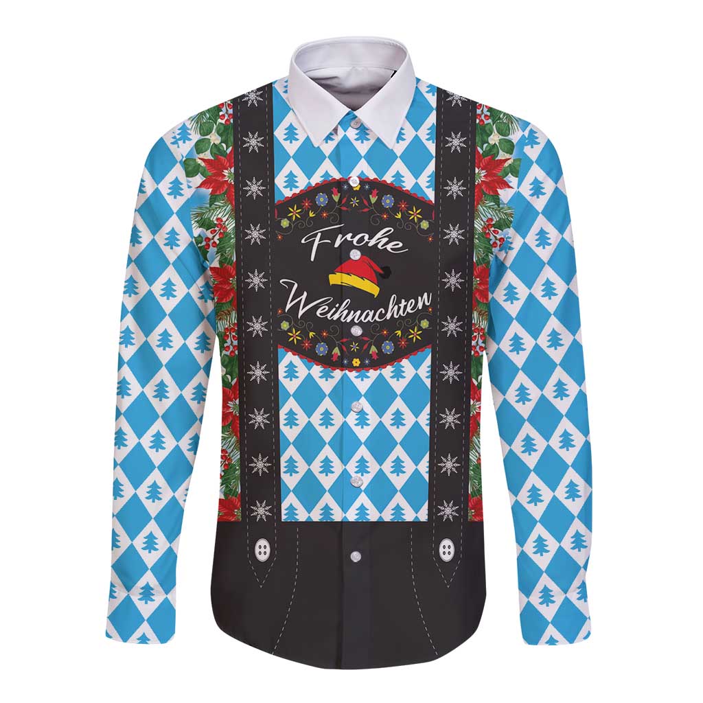 German Christmas long-sleeve button shirt, blue tree diamond print, black bib text wreath
