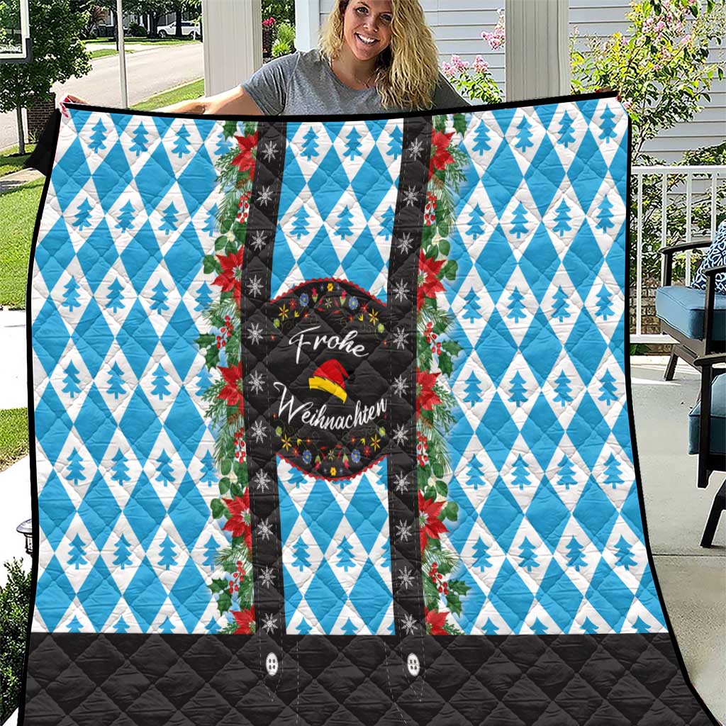 Blue and white Christmas quilt with pine tree diamond pattern, black border, wreath center panel.