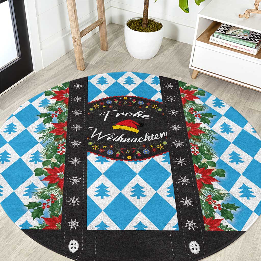 Round Christmas rug with black border, blue/white tree diamonds, and “Welcome Weihnachten” text