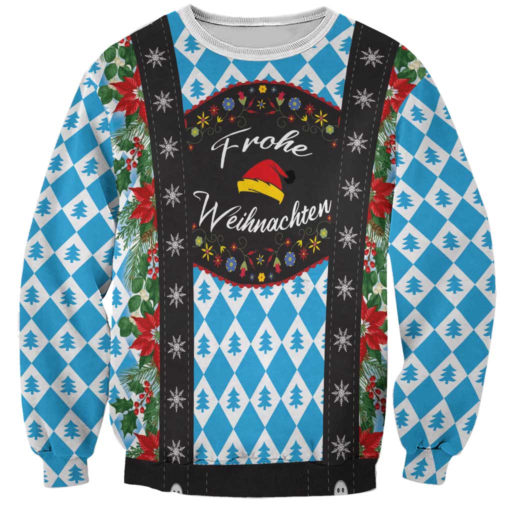 Crewneck sweatshirt, blue-and-white tree pattern, black front panel with “Frohe Weihnachten”