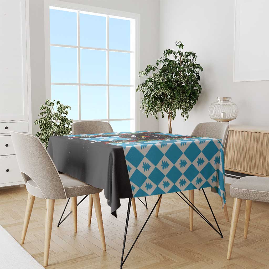 Blue diamond Christmas tablecloth with repeating tree motif across the tabletop