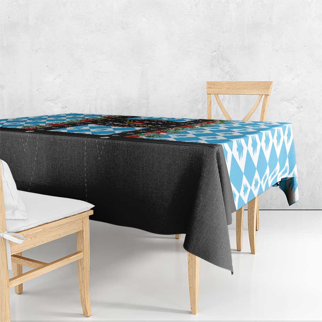 Blue and white patterned Christmas tablecloth with black skirt and draped edge