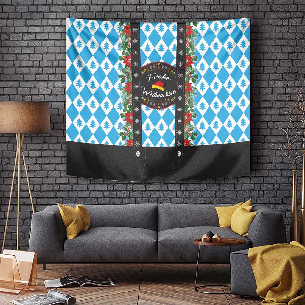 Blue Christmas wall tapestry with pine tree diamond pattern and central wreath banner
