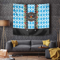 Blue Christmas wall tapestry with pine tree diamond pattern and central wreath banner