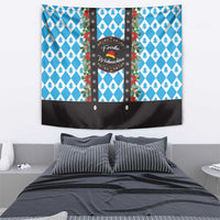 Hanging Christmas tapestry in blue with white pine motifs, dark center panel, wreath