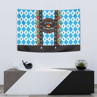 Blue Christmas tapestry with pine tree rows, diamond pattern, and dark wreath message panel