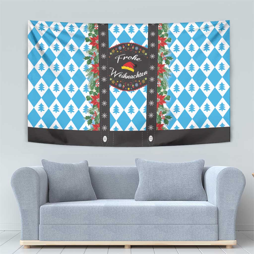 Christmas tapestry wall hanging with blue diamond pine design and central wreath sign