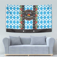 Christmas tapestry wall hanging with blue diamond pine design and central wreath sign