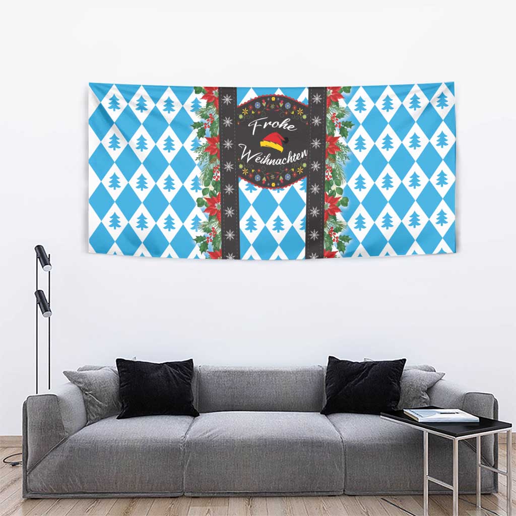 Blue Christmas wall tapestry featuring white pine tree patterns and center wreath emblem