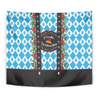 Close-up of blue Christmas tapestry with pine diamond borders and Frohe Weihnachten wreath