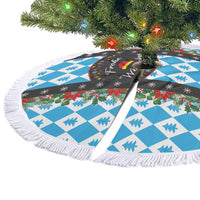 Two Christmas tree skirts with blue diamond checks, pine icon pattern, and white fringe