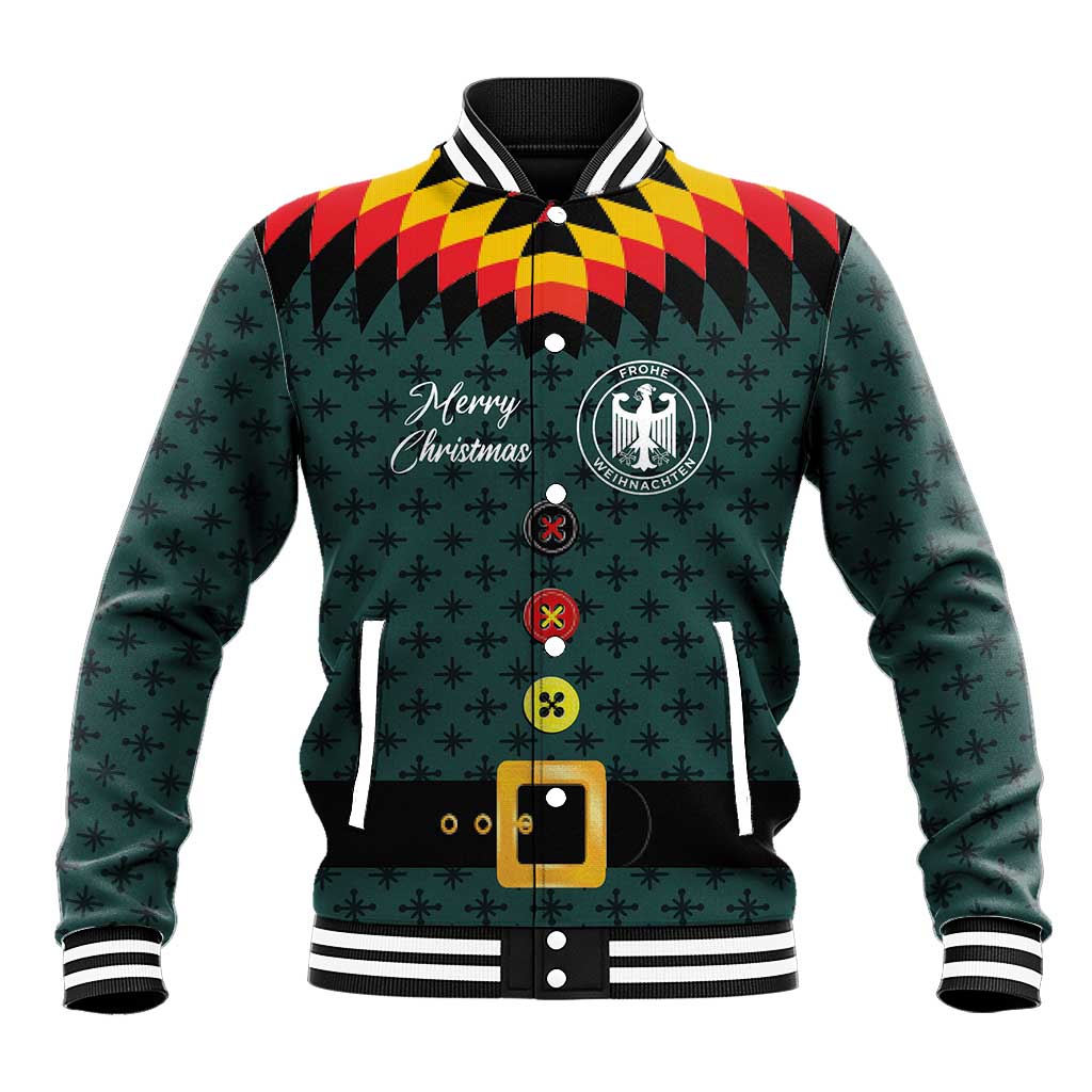 Dark teal holiday baseball jacket with striped collar, button front, festive patch graphics